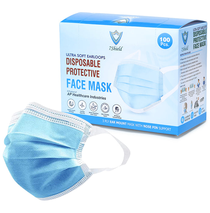 7 Shield 3 Ply Disposable Protective Face Mask with Soft Fabric Ear Loop Blue - Classic Derma