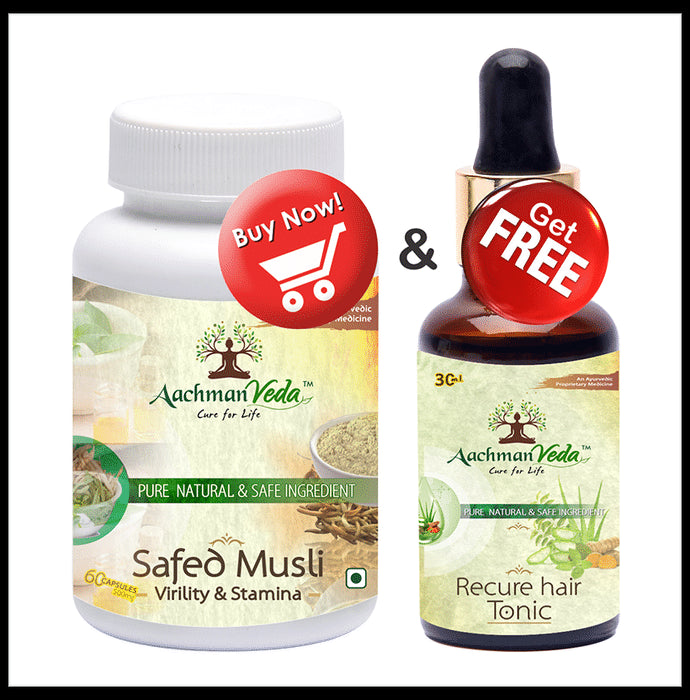 Aachman Veda Safed Musli Virility & Stamina Capsule with Aachman Veda Recure Hair Tonic 30ml Free