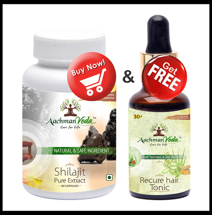 Aachman Veda Shilajit Pure Extract Capsule with Aachman Veda Recure Hair Tonic 30ml Free