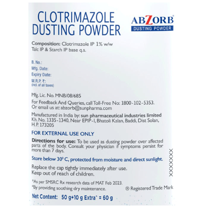 Abzorb Anti Fungal Dusting Powder | Absorbs Excess Sweat | Controls Itching | Derma Care | Manages Fungal Infections