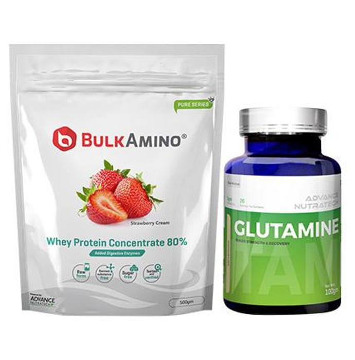Advance Nutratech Combo of BulkAmino Whey Protein Concentrate 80% Strawberry Cream 500gm and Glutamine Supplement Powder 100gm Unflavoured - Classic Derma