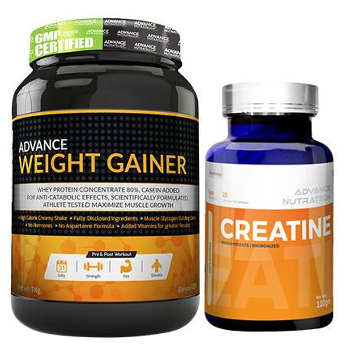 Advance Nutratech Combo Pack of Weight Gainer Banana 1kg Sugar Free & Creatine Monohydrate Unflavored 100gm - Classic Derma