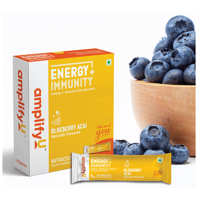 AmplifyU Energy + Immunity Powder 8gm Sachet (10 Each) with Free Sipper Blueberry Acai