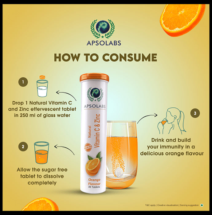Apsolabs Natural Vitamin C & Zinc Effervescent Tablet Sugar Free Orange