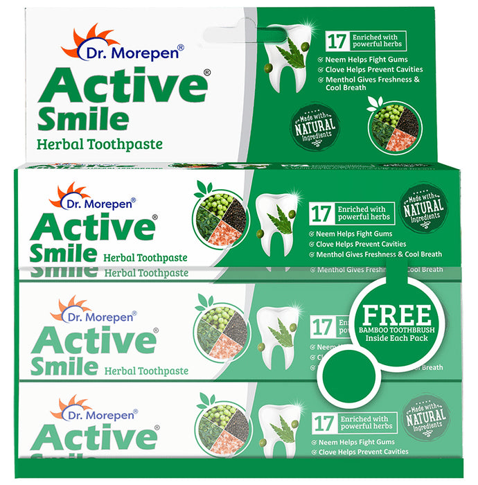 Dr Morepen Active Smile Herbal Toothpaste (100gm Each) with Bamboo Toothbrush Free Inside Each Pack - Classic Derma