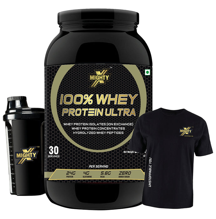 MightyX 100% Whey Protein Ultra Chocolate with Shaker and T-Shirt Free - Classic Derma