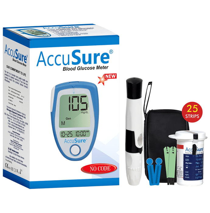 AccuSure Blood Glucose Meter Glucometer with 25 Test Strip - Classic Derma