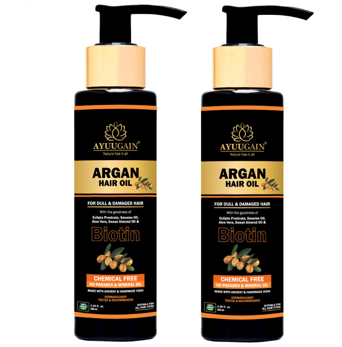 Ayuugain Argan Hair Oil with Biotin for Dull & Damaged Hair (100ml Each) - Classic Derma