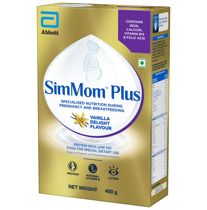 SimMom Plus with Vitamin E, Protein & Lutein | For Pregnant & Breastfeeding Women | Flavour Vanilla Delight Powder