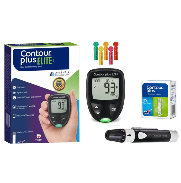 Contour Plus Elite Blood Glucose Monitoring Machine | Glucometer with 25 Free Test Strips - Classic Derma
