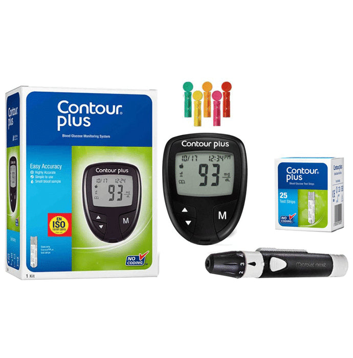 Contour Plus Sugar Testing Machine | Contour Glucometer with 25 Free Blood Glucose Test Strips - Classic Derma