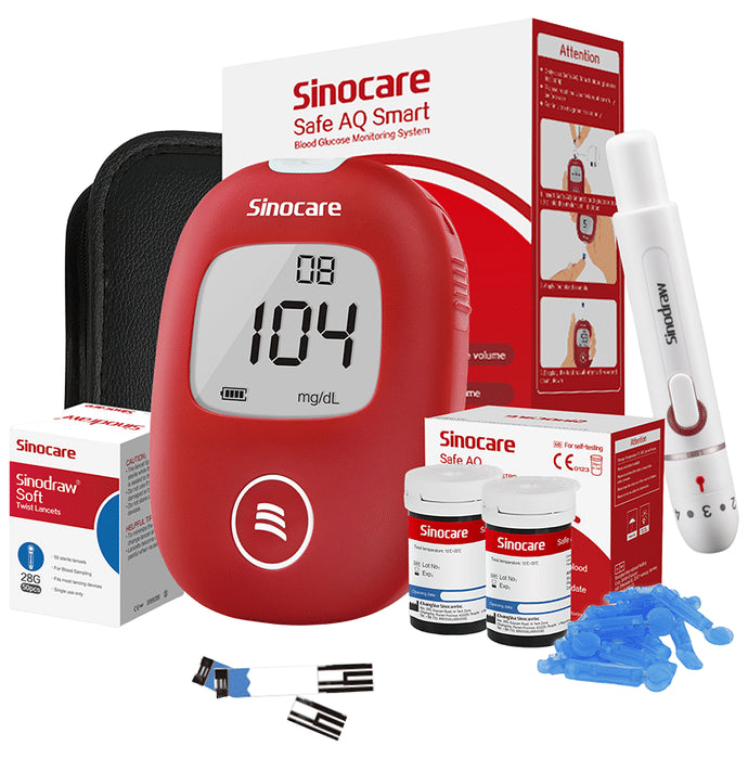 Sinocare Safe AQ Smart Glucometer Blood Glucose Monitoring Kit with 50 Test Strips & 50 Lancets - Classic Derma