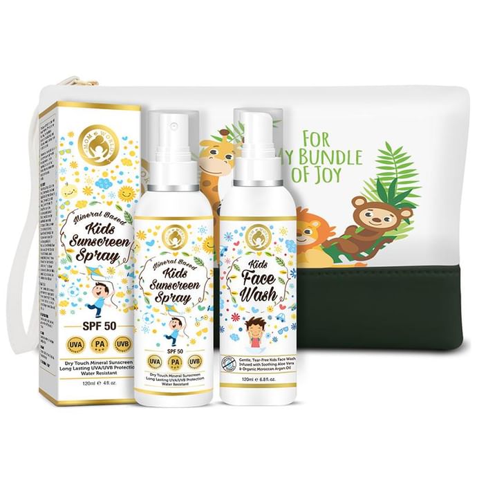 Mom & World Kid's Skin Protect Combo (Sunscreen Spray SPF 50 and Face Wash 120ml Each) with Pouch - Classic Derma