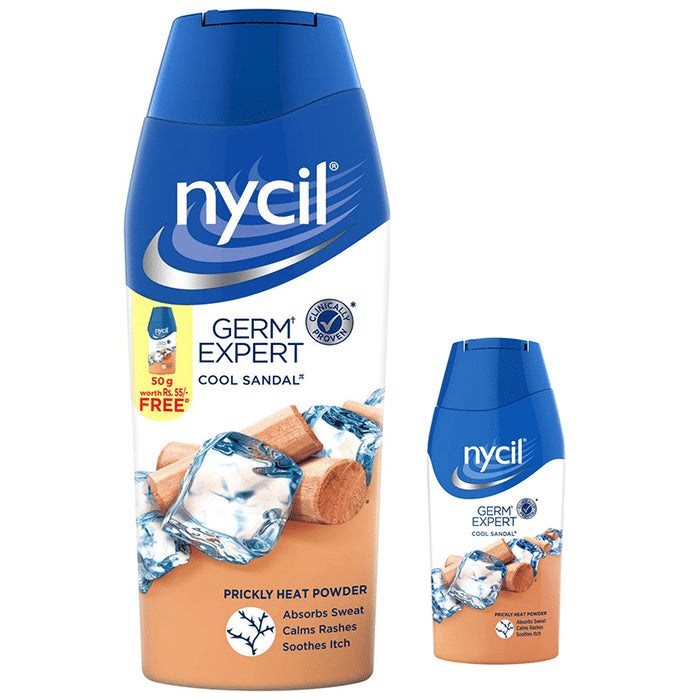 Nycil Germ Expert Cool Sandal Prickly Heat Powder with Nycil Cool Herbal 50gm Free - Classic Derma