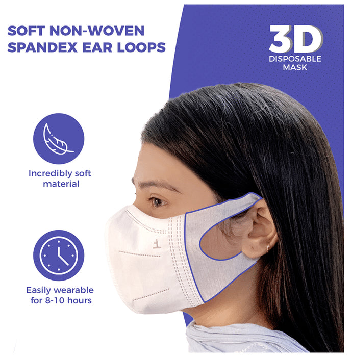 Care View 3 Dimensional Disposable Face Mask with 4 Layered Filtration and Soft Non-Woven Spandex Ear Loops White