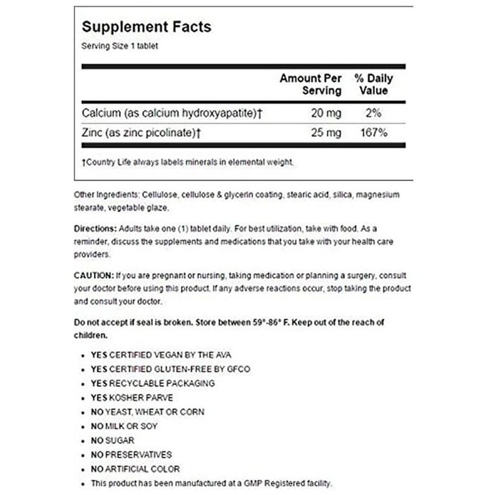 Country Life Zinc Picolinate 25mg Tablet