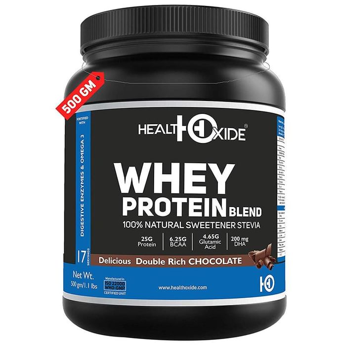 HealthOxide Whey Protein Blend 100% Natural Sweetener Stevia with Digestive Enzymes & Omega 3 Delicious Double Rich Chocolate - Classic Derma