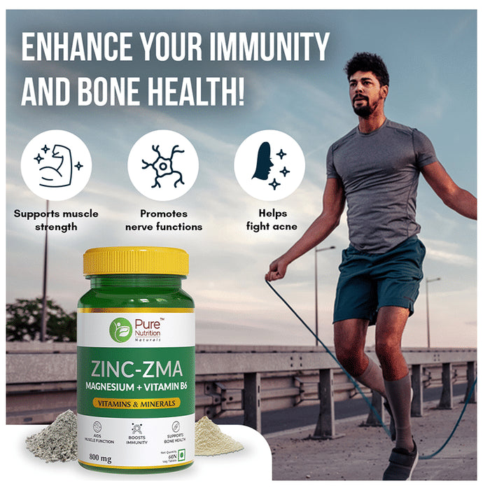 Pure Nutrition Zinc-ZMA with Magnesium & Vitamin B6 for Immunity, Bones & Muscles | Veg Tablet