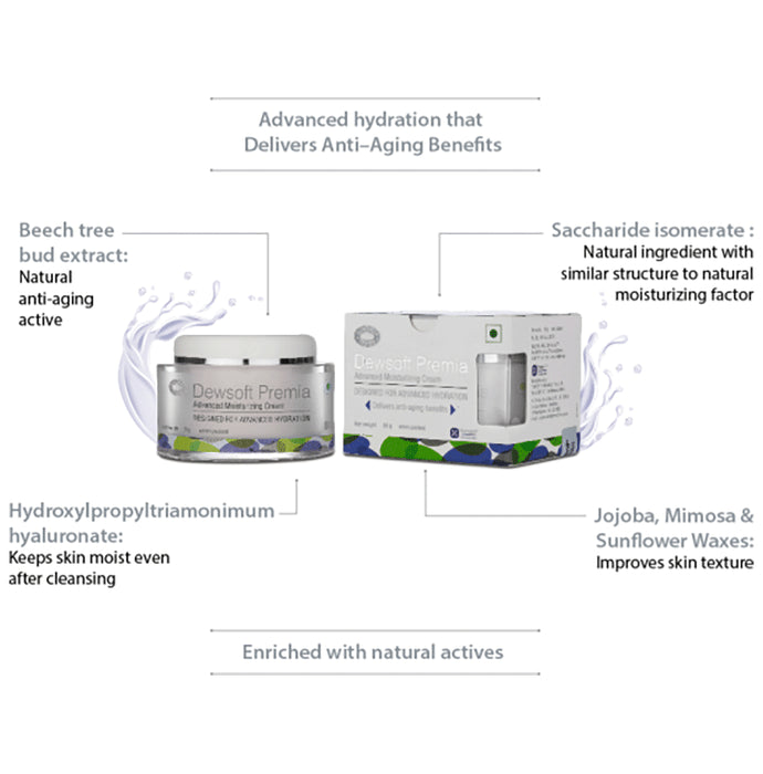 Dewsoft Premia Advanced Moisturising Cream | Non-Comedogenic & Paraben Free Face Care Product | Dermatologically Tested | Derma Care | For Advanced Hydration