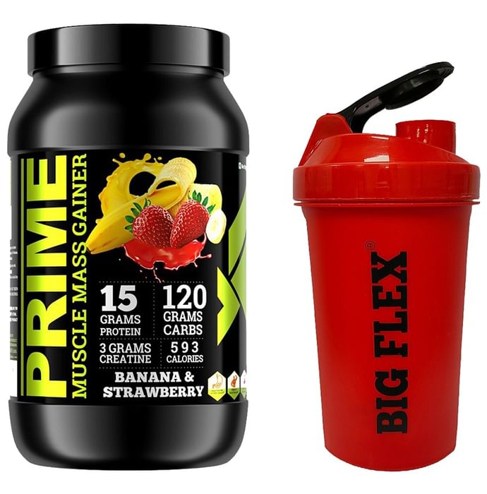 Big Flex Prime Muscle Mass Gainer with 700ml Shaker Free Banana Strawberry - Classic Derma