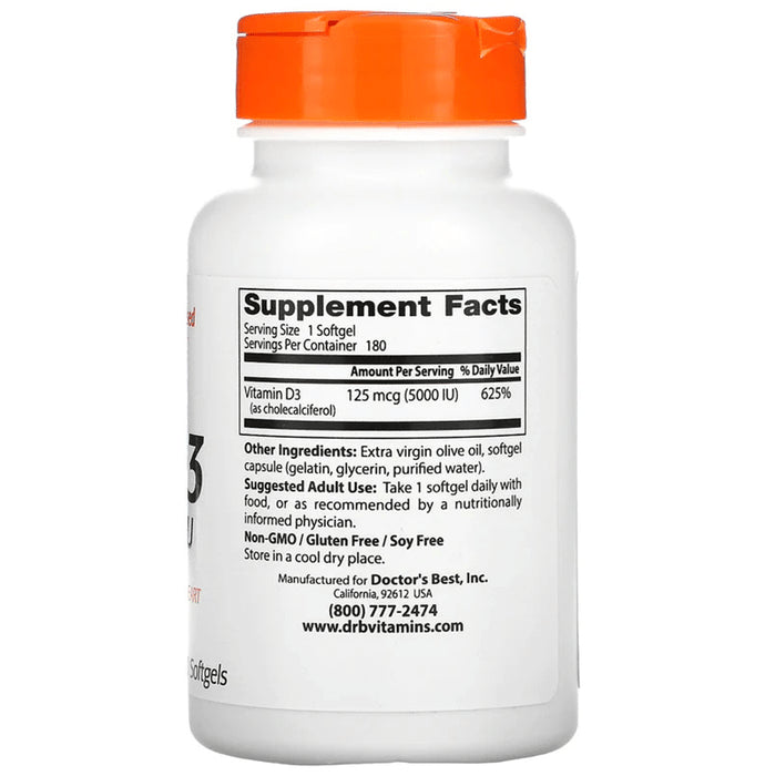 Doctor's Best Vitamin D3 5000IU Softgels | For Immunity, Heart & Bone Health Soft Gelatin Capsule