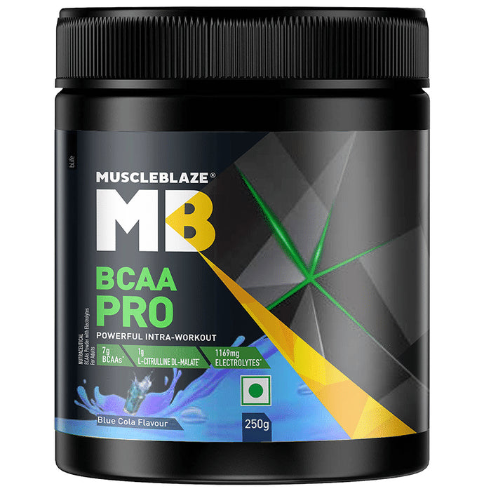 MuscleBlaze | BCAA Pro Powerful Intra-Workout | With Electrolytes | For Energy, Faster Recovery & Hydration Powder Blue Cola - Classic Derma