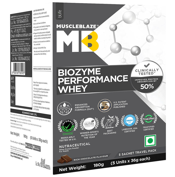 Muscleblaze Biozyme Performance Whey Protein Sachets (36gm Each) Rich Chocolate - Classic Derma