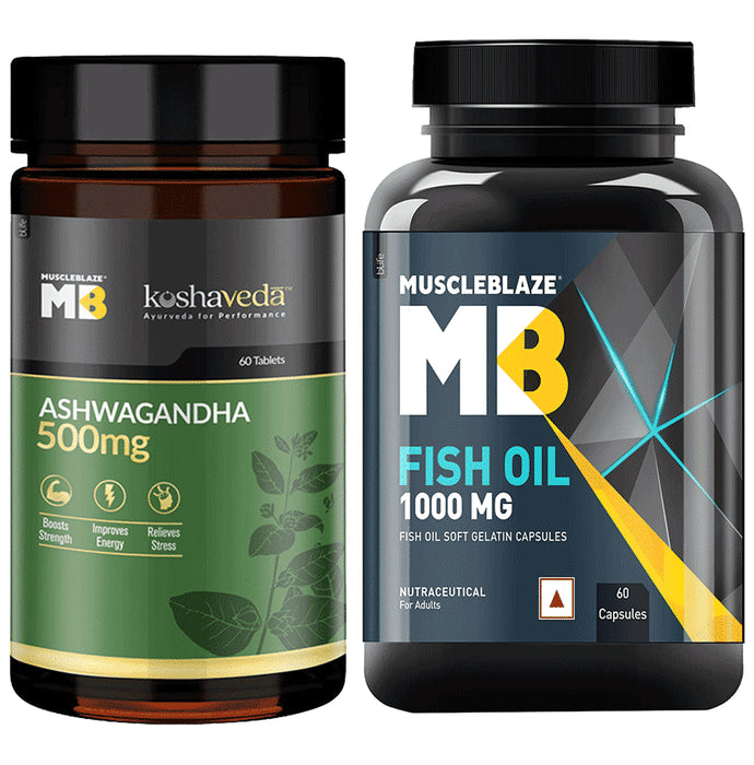 MuscleBlaze Combo Pack of Fish Oil 1000mg Soft Gelatin Capsule & Ashwagandha 1000mg Tablet (60 Each) - Classic Derma