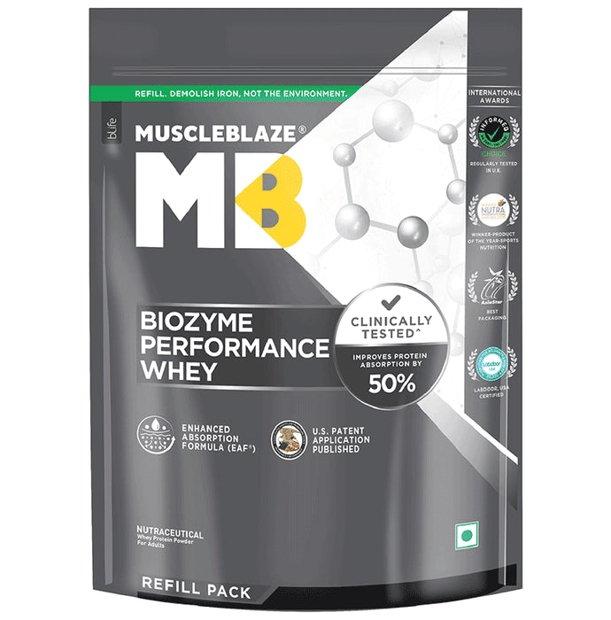 MuscleBlaze MuscleBlaze Biozyme Performance Whey Protein | For Muscle Gain | Improves Protein Absorption | Nutrition Care Powder Unflavoured Refill Pack - Classic Derma