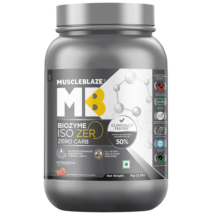 MuscleBlaze Strawberry Flavour | Iso-Zero Isolate for Muscle Gain | With Zero Carbs | Improves Protein Absorption by 50% - Classic Derma