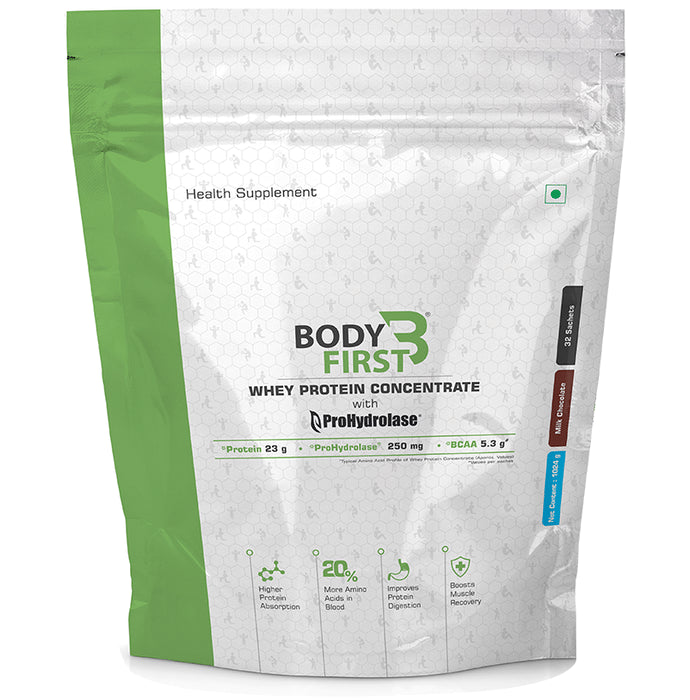 Body First Whey Protein Concentrate with ProHydrolase (32gm Each) Milk Chocolate - Classic Derma