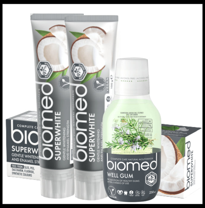 Biomed Complete Care Natural Toothpaste (100gm Each) Superwhite Buy 2 Get 1 Biomed Well Gum Mouthwash Free - Classic Derma