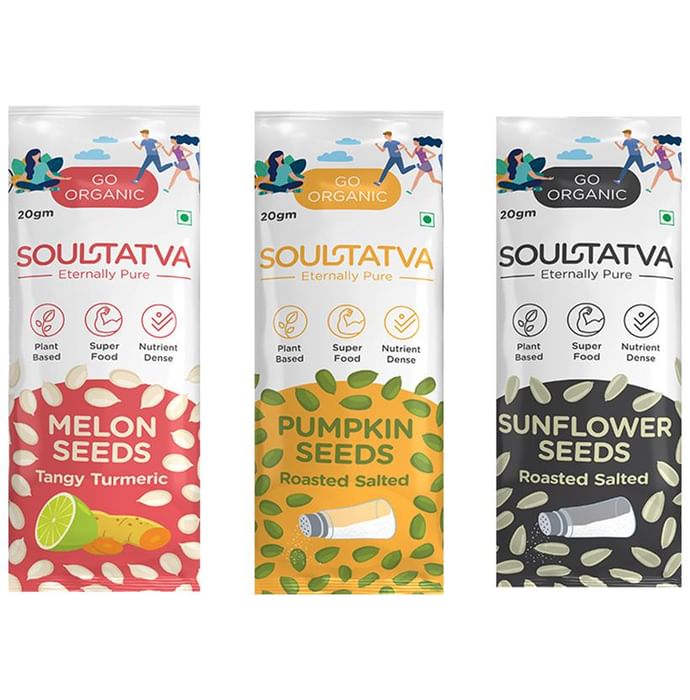 Soultatva Combo Pack of 4 Melon Seeds Tangy Turmeric, 4 Pumpkin Seeds Roasted Salted & 4 Sunflower Seeds Roasted Salted (20gm Each) - Classic Derma