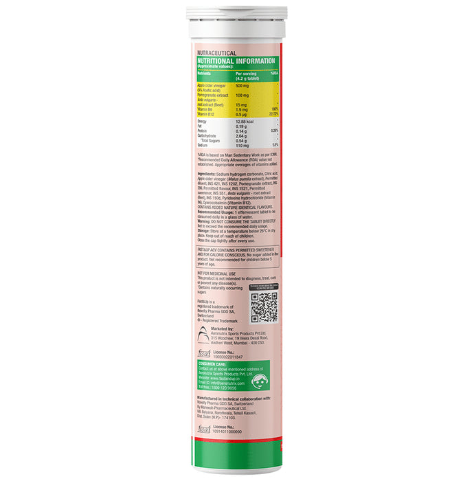 Fast&Up Apple Cider Vinegar ACV with Vitamin B6 & B12 | For Weight Management & Gut Health | Flavour Effervescent Tablet Green Apple