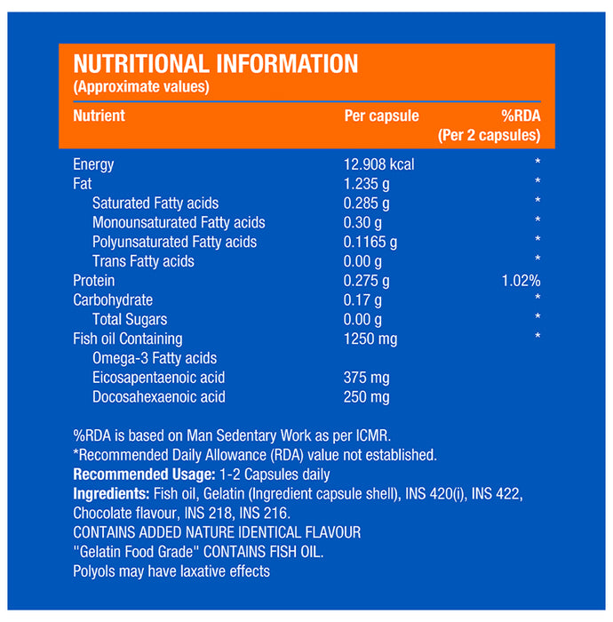 Fast&Up Promega 1250mg Omega 3 Fish Oil 3:2 EPA DHA Ratio Soft Gels