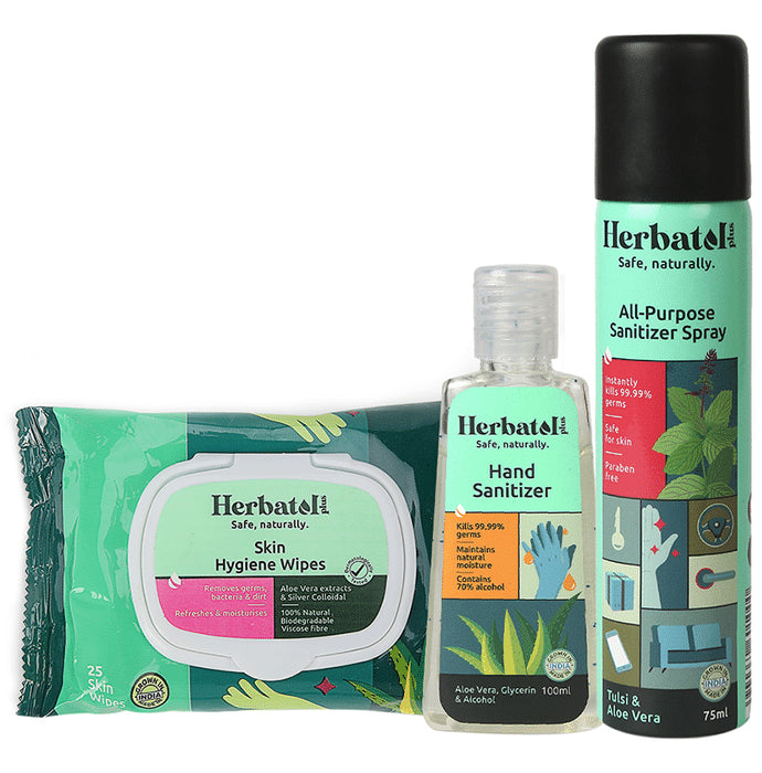 Herbatol Plus Combo Pack of Skin Hygiene 25 Wipes, Hand Sanitizer 100ml & All-Purpose Sanitizer Spray 75ml - Classic Derma