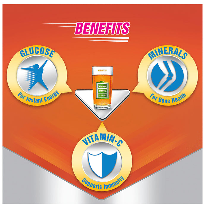 Glucon-D with Glucose, Calcium, Vitamin C & Sucrose | Nutrition Booster Powder Tangy Orange with Sipper Free