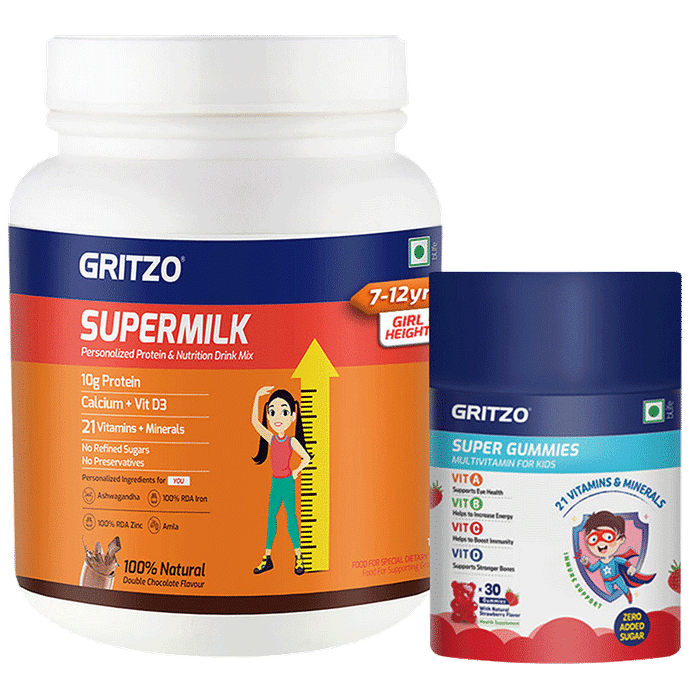Gritzo Combo Pack of Supermilk for 7-12 Yrs Girls Height+ Double Chocolate Flavour (1kg) and Super Gummies Multivitamins for Kids Natural Strawberry