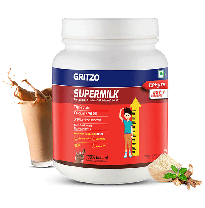 Gritzo SuperMilk Protein Boy Height+ for 13+ Years with Calcium & Vitamin D3 Double Chocolate