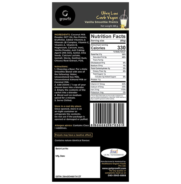 Growfit Ultra Low Carb Vegan Smoothie Premix (60gm Each) Vanilla