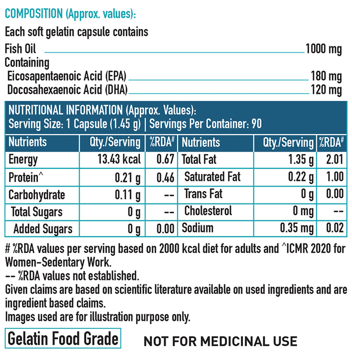 Healthkart HK Vitals Omega 3 Fatty Acids with DHA & EPA | For Heart, Joint & Brain Health | Soft Gelatin Capsule | Nutrition Care