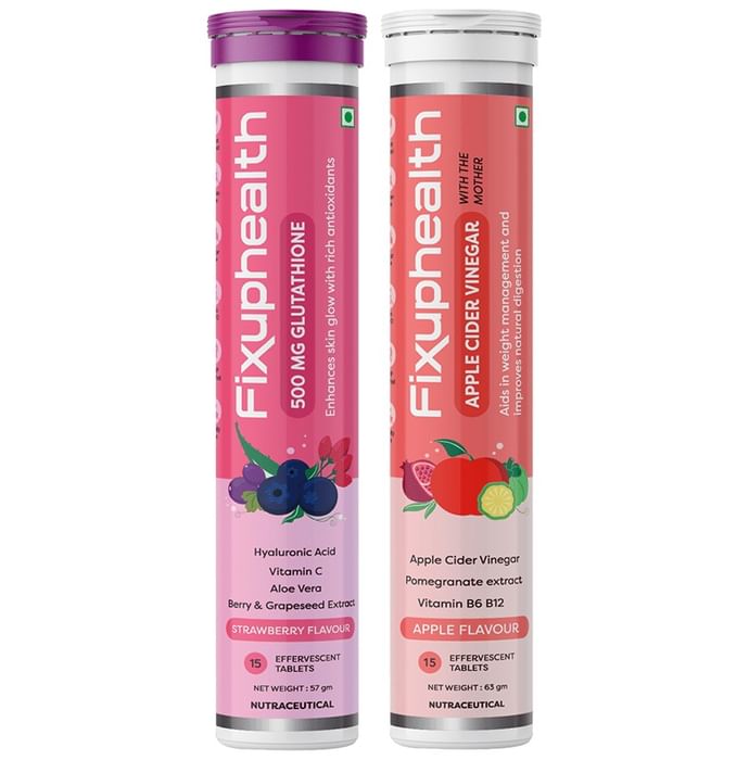 Combo Pack of Fixuphealth Apple Cider Vinegar Effervescent Tablet with the Mother Apple & Fixuphealth Glutathione 500mg Effervescent Tablet Strawberry (15 Each) - Classic Derma
