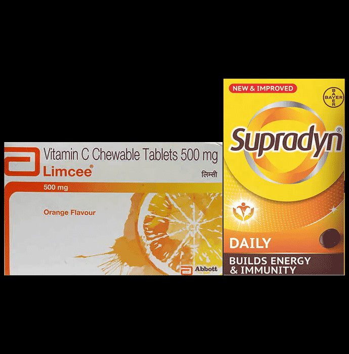 Combo Pack of Limcee Chewable Tablet Orange (15) & Supradyn Daily Multivitamin Tablets (15) - Classic Derma