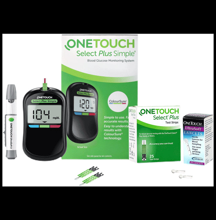 Combo Pack of OneTouch Select Plus Simple Glucometer with 10 Free Strips Black, OneTouch Select Plus Test Strip Green (25) & OneTouch Ultrasoft Lancets (25) - Classic Derma