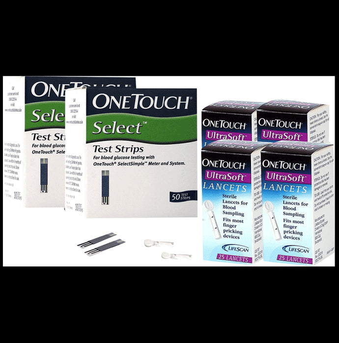 Combo Pack of OneTouch Select Test Strip 2 Box (50 Each) & One Touch Ultrasoft Lancet 4 Box (25 Each) - Classic Derma