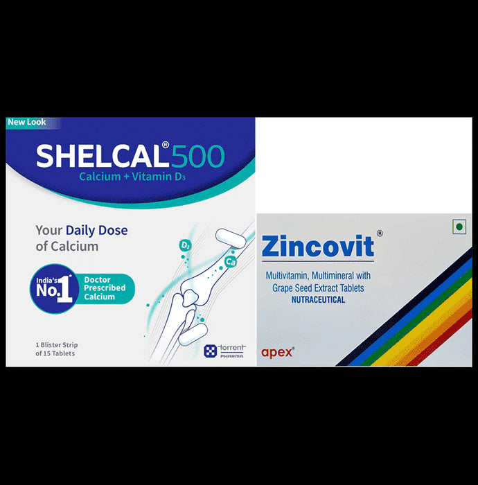 Combo Pack of Shelcal 500 Calcium+Vitamin D3 Tablet (15) & Zincovit Tablet (15) - Classic Derma