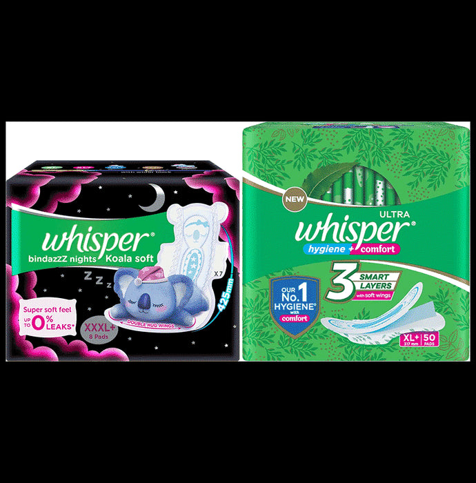 Combo Pack of Whisper Ultra Clean with Herbal Oil Sanitary Pads XL+ (50 Each) & Whisper Bindazzz Nights Koala Soft Pads XXXL+ (8 Each) - Classic Derma