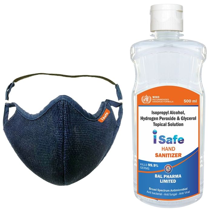 Corona Prevention Combo of i Safe Nano Shield P95 Reusable Mask Pack of 2 and i Safe Hand Sanitizer 500ml - Classic Derma