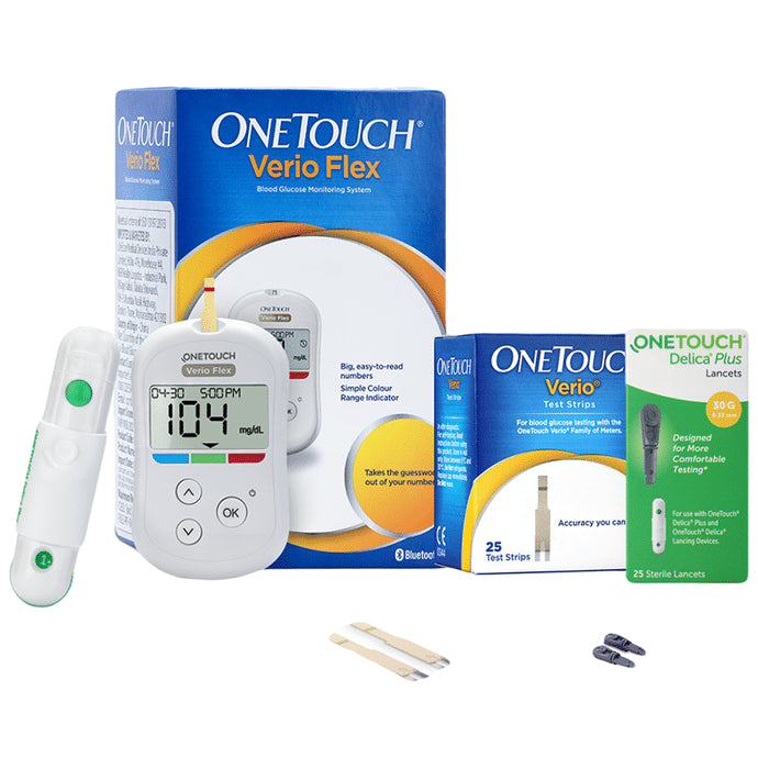 OneTouch Combo Pack of erio Flex Glucometer (Box of 10 Test strips Free), Verio Test Strip (Only Strips) & Delica Plus Lancets (Only Lancets) 30G - Classic Derma