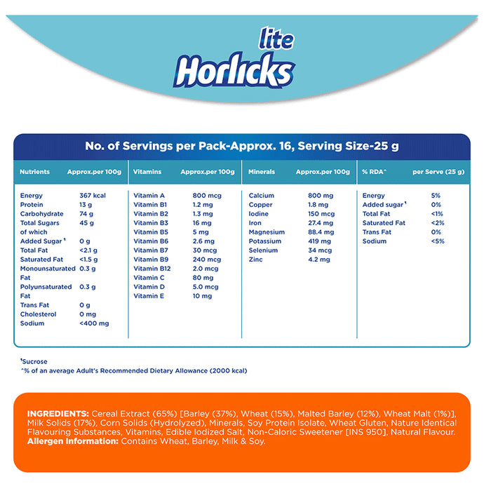 Horlicks Lite with Antioxidant Nutrients, Protein & No Added Sugar for Stamina, Bones, Immunity & Growth Powder Regular Malt